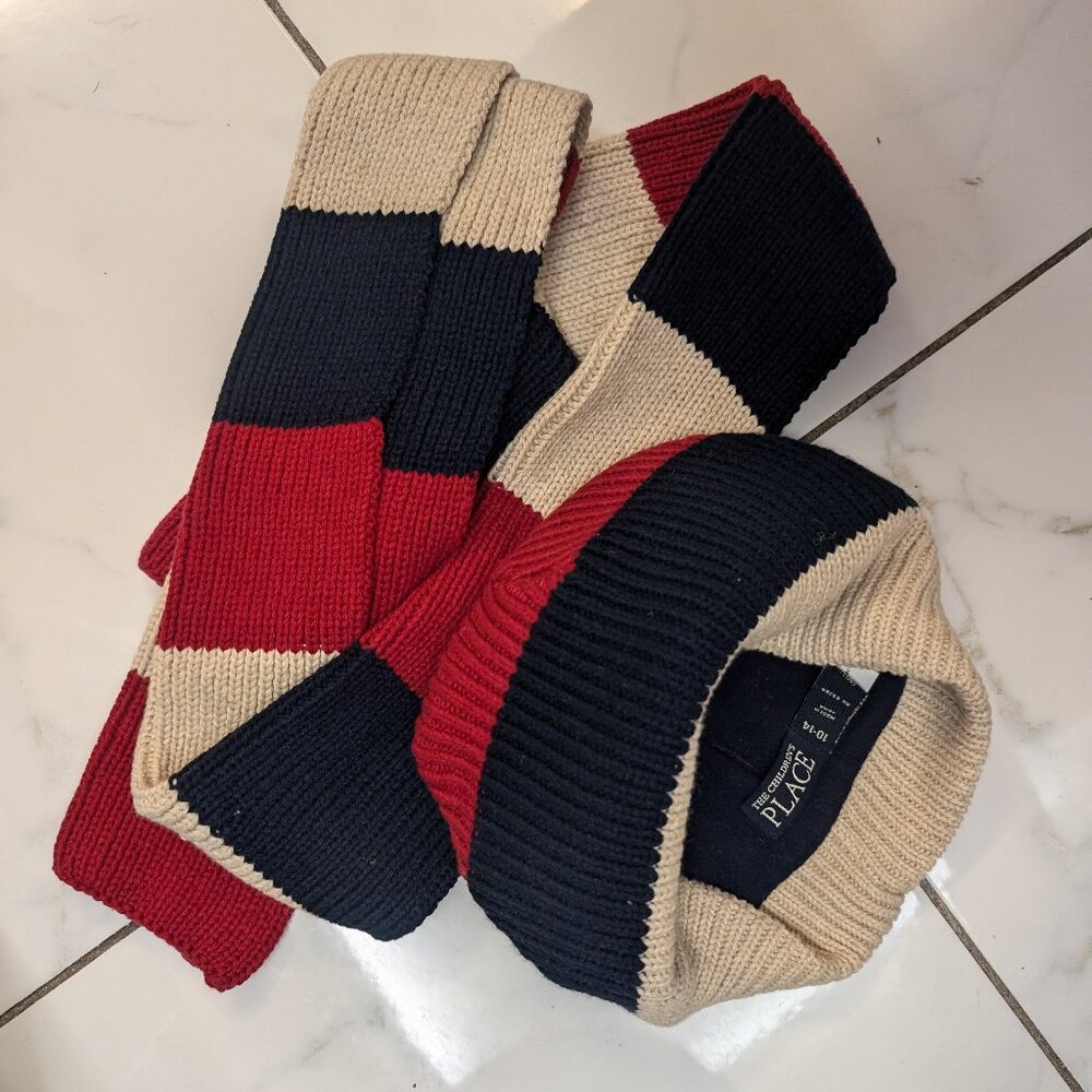 Children's Place 2 Pc Cold Weather Set- Beanie & Scarf Navy Blue Khaki Red - New